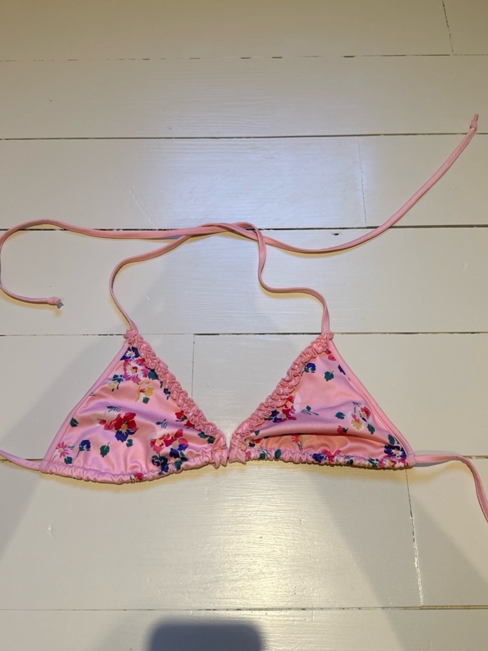 LoveShackFancy Pink Floral Bikini Top with Ruffle Trim
